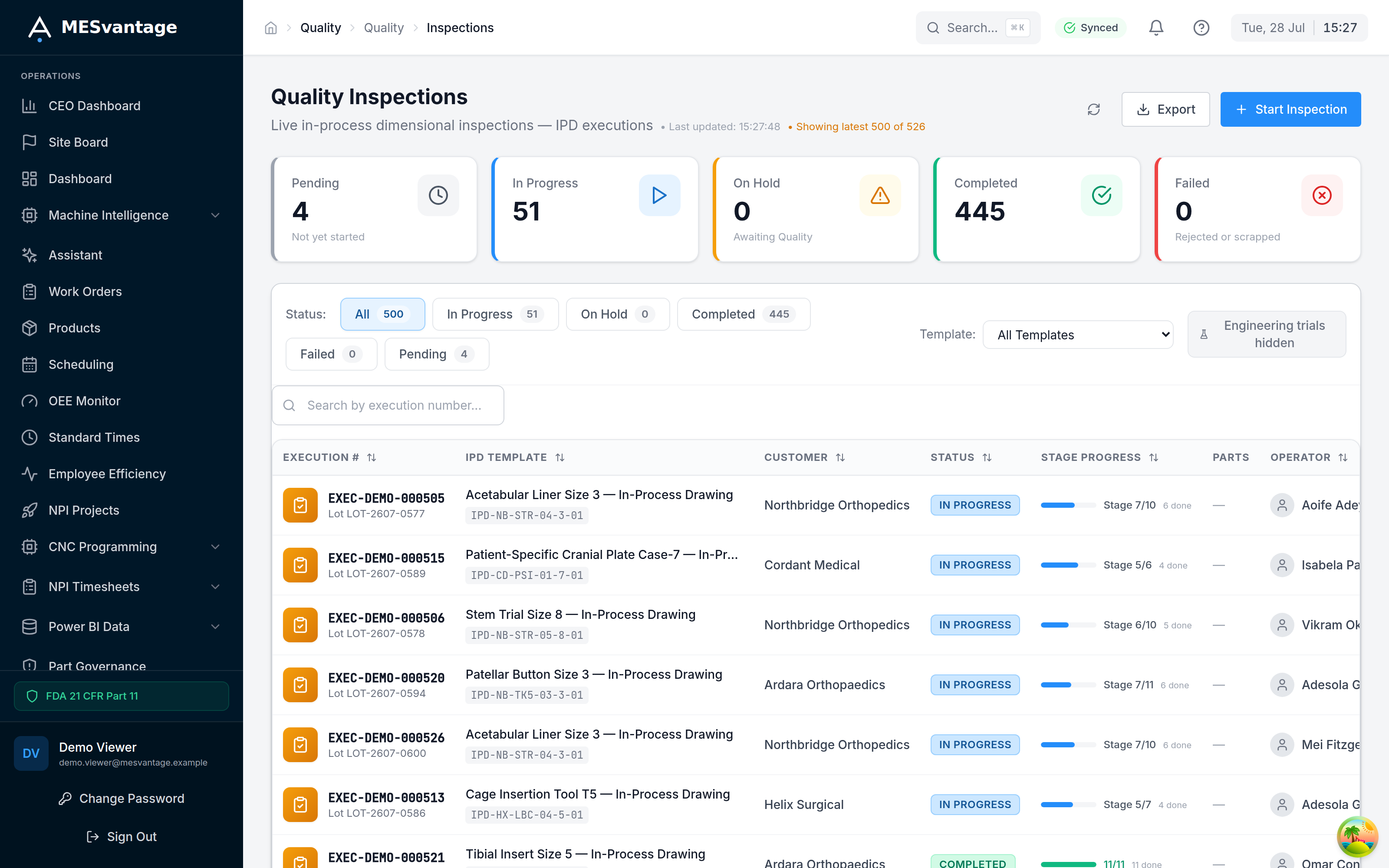 MESvantage — Inspections. Screenshot of MESvantage running against a demonstration dataset. Ardara Orthopaedics is a fictional manufacturer; no record shown relates to any real customer, part or person.